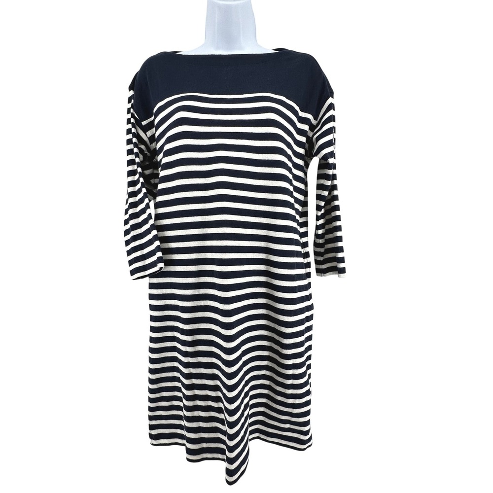 Uniqlo Boat Neck Striped Dress Womens Size M Navy White Coastal Nautical Preppy